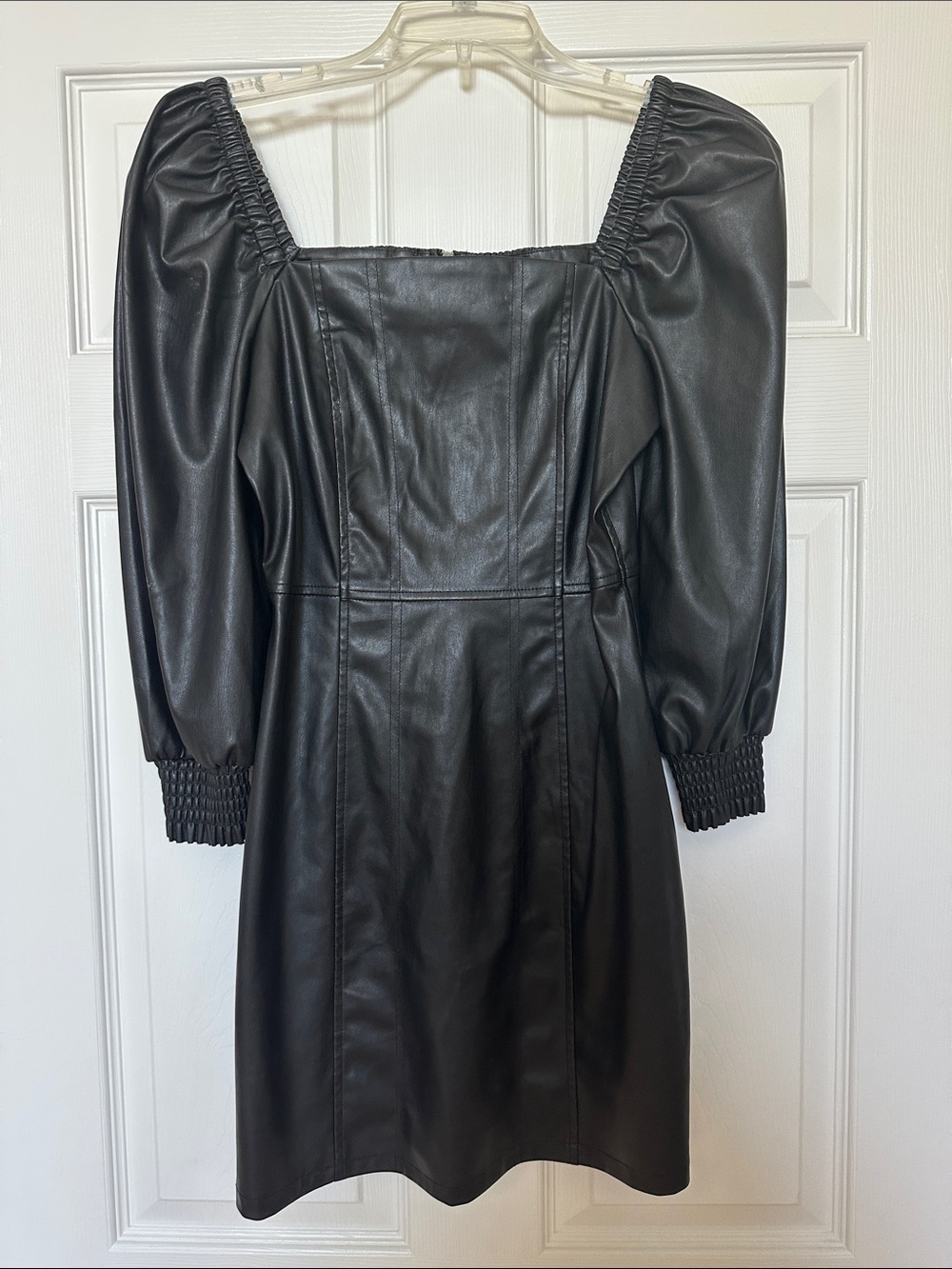 7 For All Mankind Black Faux Leather Puff-Sleeve Mini Dress